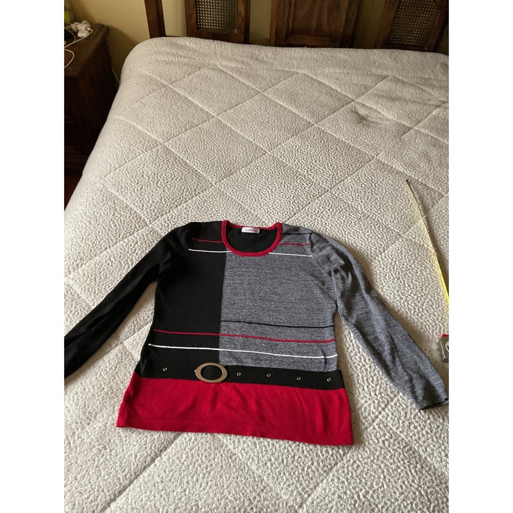 Le Grenier Knit Sweater Womens Medium Red Black Grey Excellent Colorblock Belted